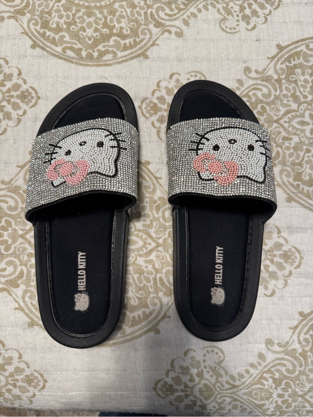 Hello Kitty Black Slide Sandals with Silver Crystal Straps and Pink Bows